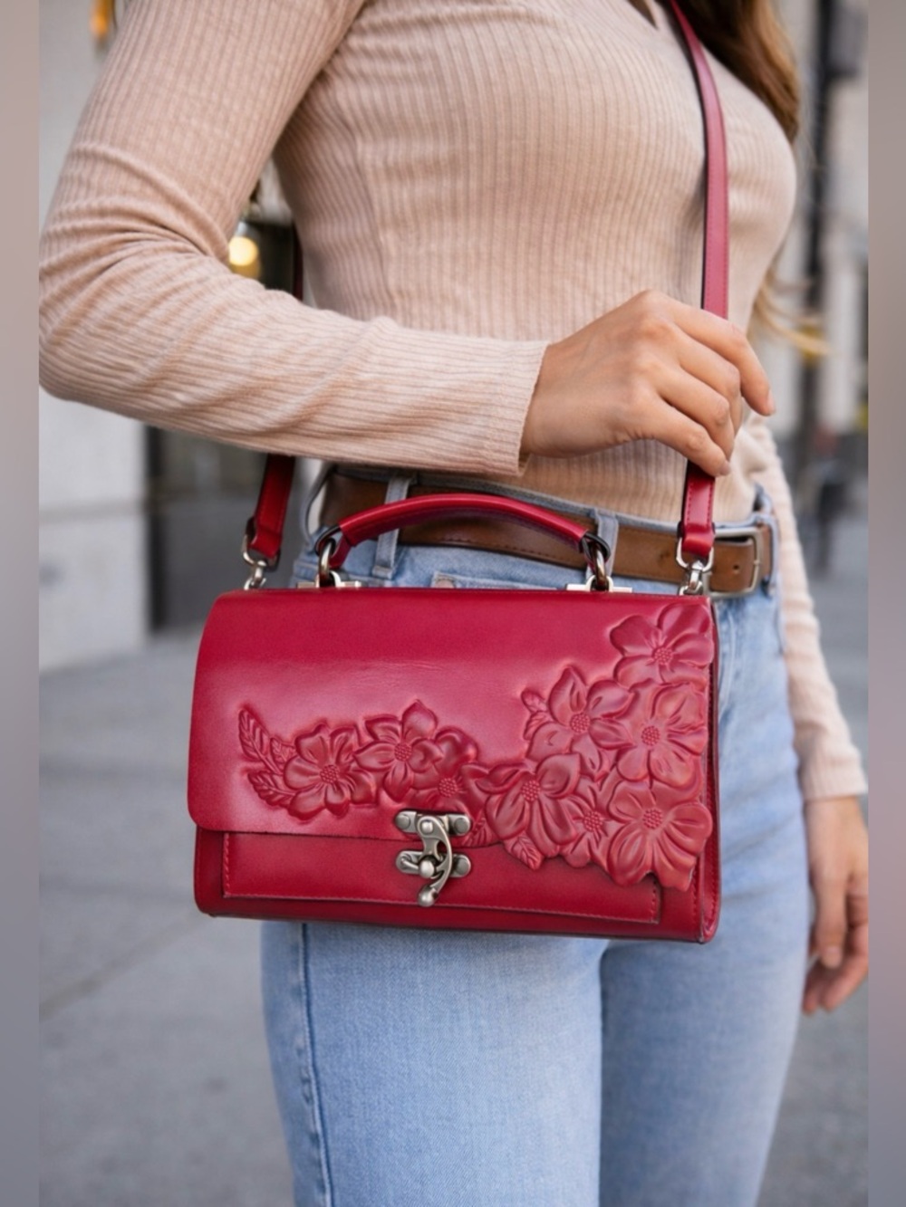 Patricia Nash Charonne Granita Red Embossed Leather Satchel Crossbody w Dust Bag